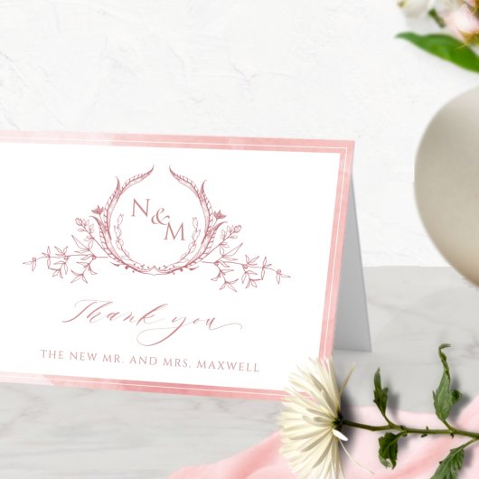 Elegant Blush Pink Monogram, Waterverf bruiloft Bedankkaart