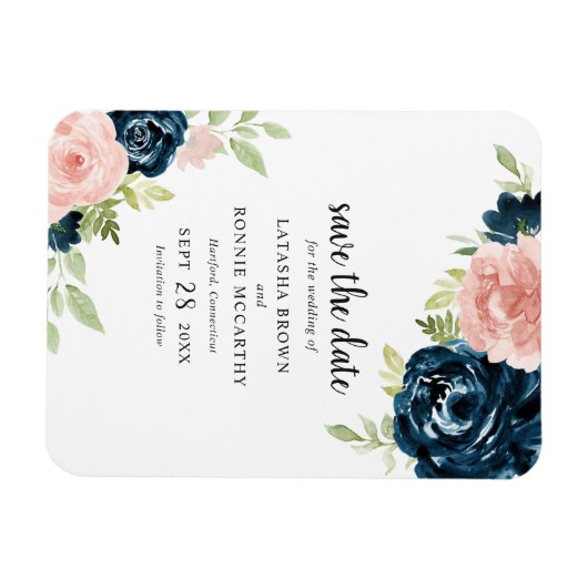 Elegant Blush Pink Navy Blue Floral Save the Date Magneet (Horizontaal)