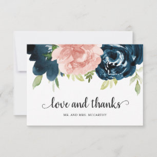 Elegant Blush Pink Navy Blue Floral Wedding Bedankkaart