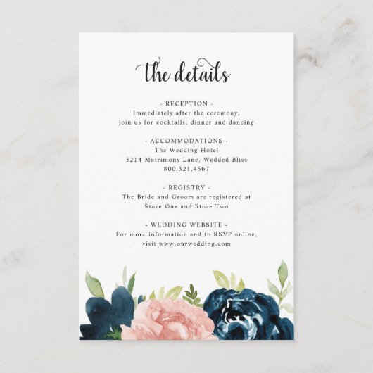 Elegant Blush Pink Navy Blue Floral Wedding Informatiekaartje (Voorkant)