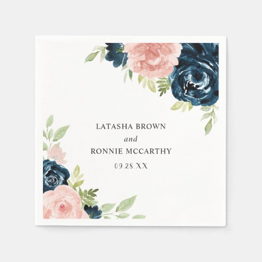 Elegant Blush Pink Navy Blue Floral Wedding Servet (Voorkant)
