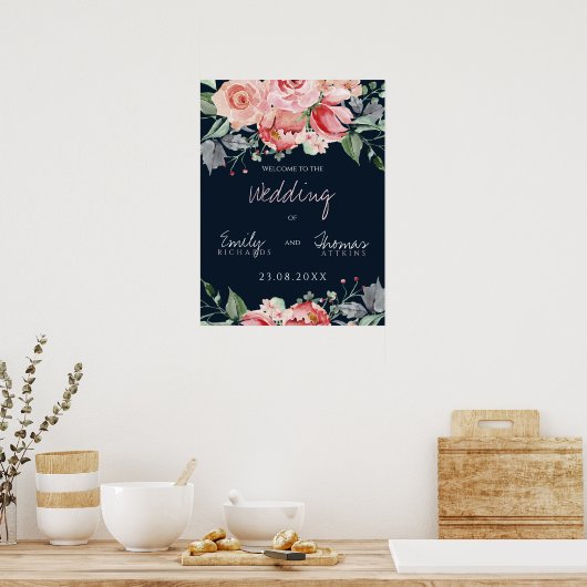 Elegant Blush Pink Navy Script Weddenschap Poster (Keuken)