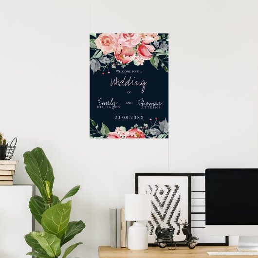 Elegant Blush Pink Navy Script Weddenschap Poster (Thuiskantoor)