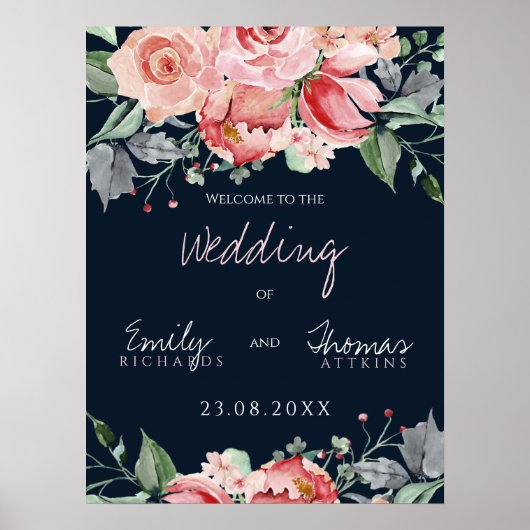 Elegant Blush Pink Navy Script Weddenschap Poster (Voorkant)