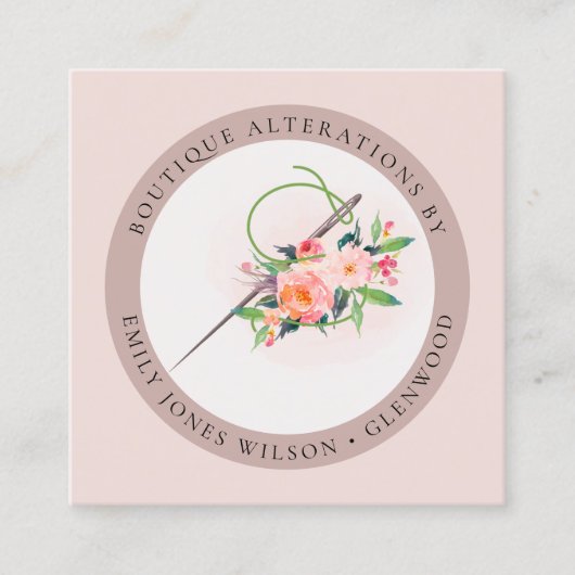 Elegant Blush Pink Needle Waterverf Floral Tailor Vierkante Visitekaartje (Voorkant)