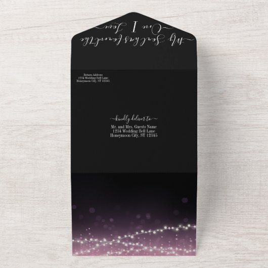 Elegant Blush Pink Paars Heart Leaf Tree Weddensch All In One Uitnodiging (Buitenkant)