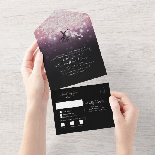 Elegant Blush Pink Paars Heart Leaf Tree Weddensch All In One Uitnodiging (Afscheurbaar)