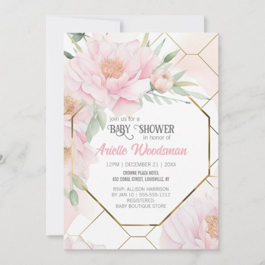 Elegant Blush Pink Peony Baby shower Waterverf Kaart (Voorkant)