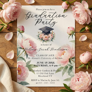Elegant Blush Pink Peony Floral Graduation Party Kaart