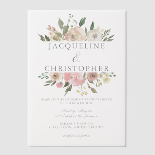 Elegant Blush Pink Peony Floral Spring Wedding Vellum Uitnodigingen (Voorkant)
