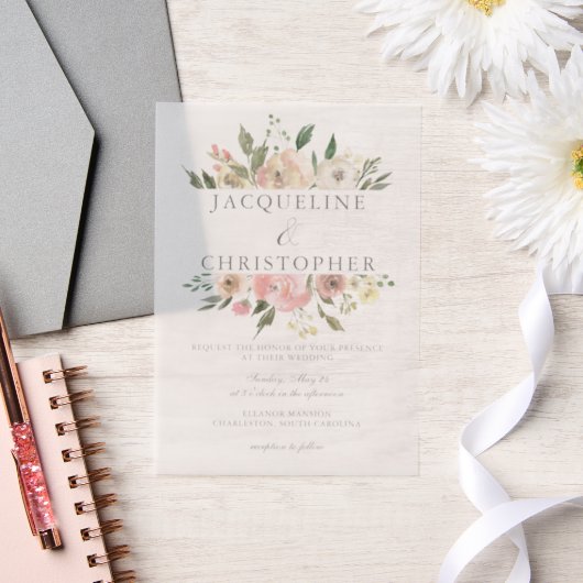 Elegant Blush Pink Peony Floral Spring Wedding Vellum Uitnodigingen (Huwelijk)