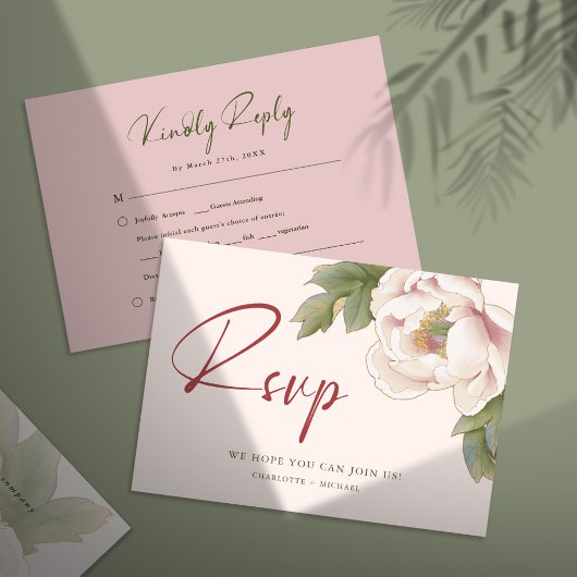Elegant Blush Pink Peony Floral Wedding RSVP Kaart