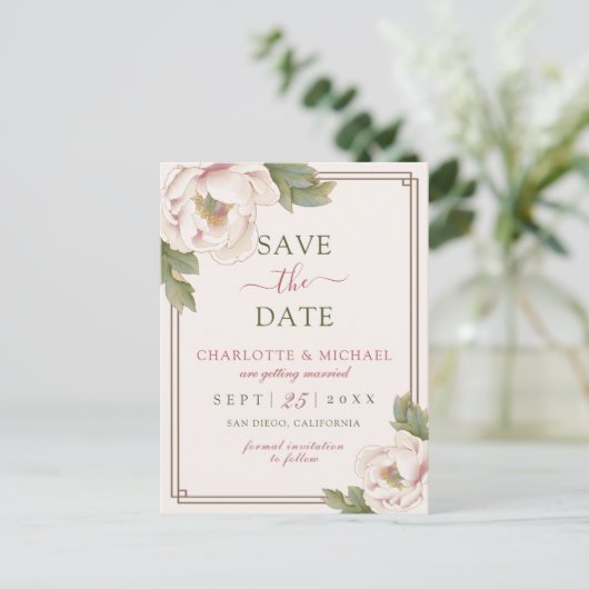 Elegant Blush Pink Peony Roos Floral Save the Date Briefkaart (Staand voorkant)