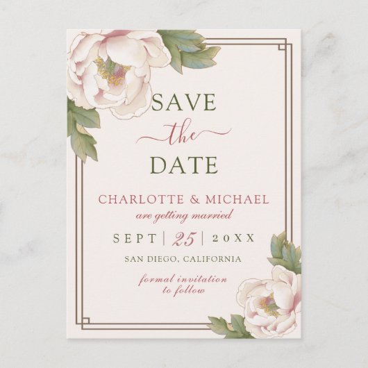 Elegant Blush Pink Peony Roos Floral Save the Date Briefkaart (Voorkant)