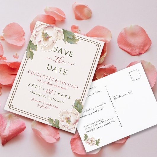Elegant Blush Pink Peony Roos Floral Save the Date Briefkaart