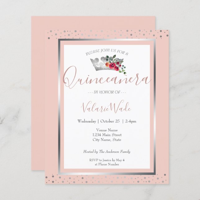 Elegant Blush Pink Quinceanera Budget Uitnodiging (Voorkant / Achterkant)