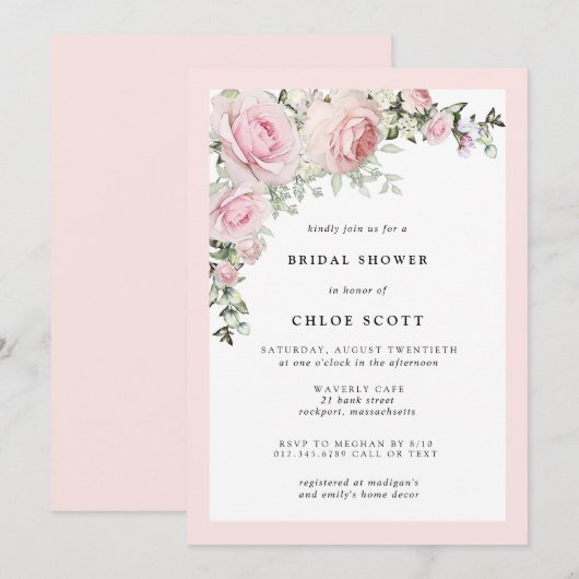 Elegant Blush Pink Rose Floral Baby shower Kaart (Voorkant / Achterkant)