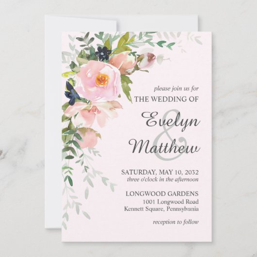 Elegant Blush Pink Rose Floral Botanical Weddensch Kaart (Voorkant)