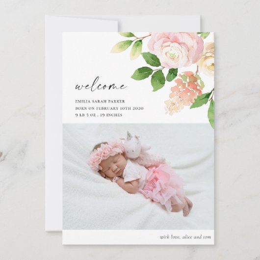Elegant Blush Pink Rose Floral Foto Baby geboorte Aankondiging (Voorkant)