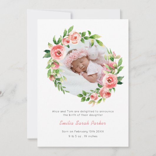 Elegant Blush Pink Rose Floral Foto Baby geboorte Aankondiging (Voorkant)