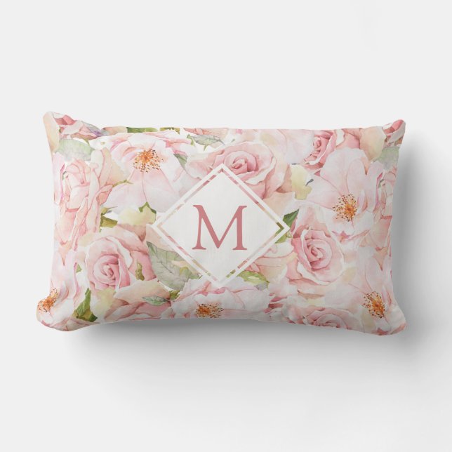 Elegant Blush Pink Rose Floral Monogram Kussen (Voorkant)