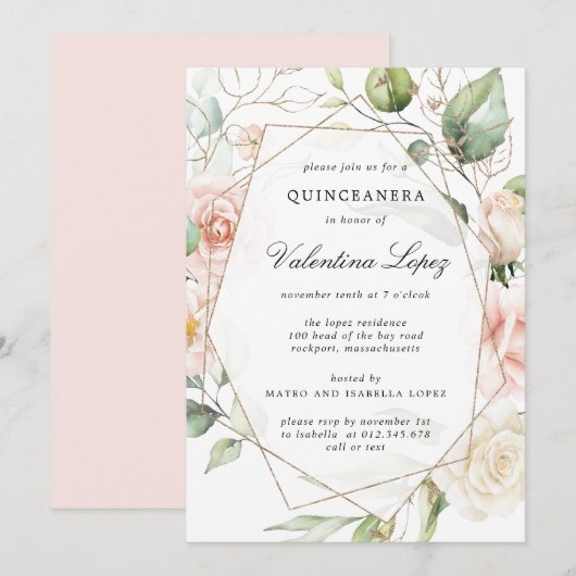 Elegant Blush Pink Rose Floral Quinceanera Kaart (Voorkant / Achterkant)