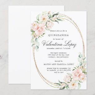 Elegant Blush Pink Rose Floral Quinceanera Kaart