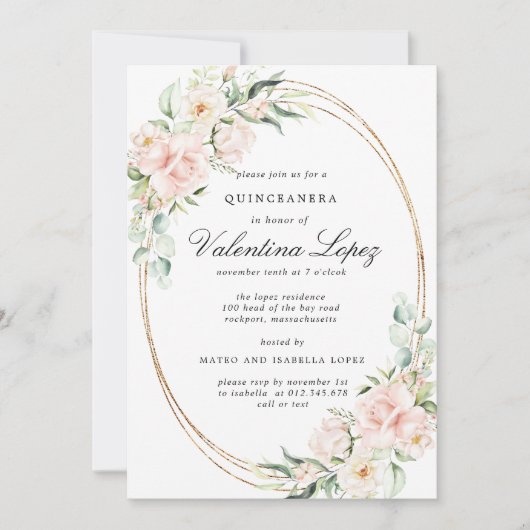 Elegant Blush Pink Rose Floral Quinceanera Kaart (Voorkant)