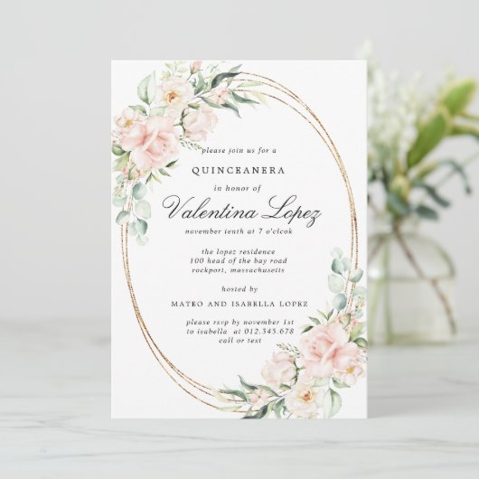 Elegant Blush Pink Rose Floral Quinceanera Kaart (Staand voorkant)