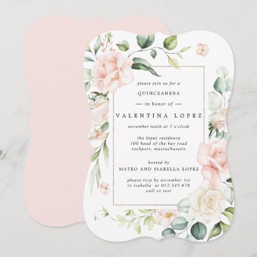 Elegant Blush Pink Rose Floral Quinceanera Kaart (Voorkant / Achterkant)
