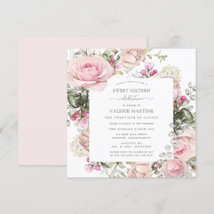 Elegant Blush Pink Rose Floral Sweet 16 Party Kaart