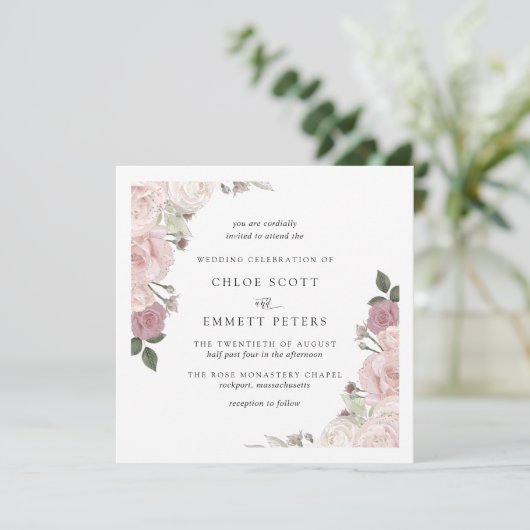 Elegant Blush Pink Rose Floral Wedding Uitnodiging (Staand voorkant)