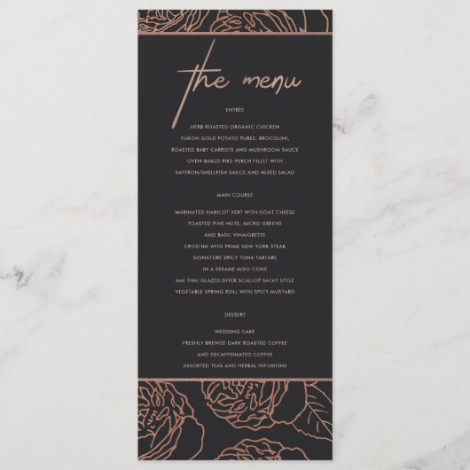 ELEGANT BLUSH PINK ROSE GOLD BLACK FLORAL MENU (Voorkant)