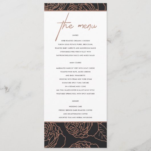 ELEGANT BLUSH PINK ROSE GOLD BLACK FLORAL MENU (Voorkant)