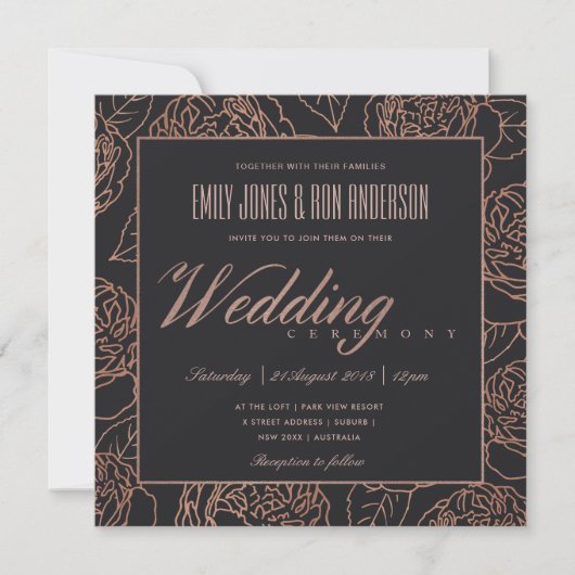 ELEGANT BLUSH PINK ROSE GOLD BLACK FLORAL WEDING KAART (Voorkant)