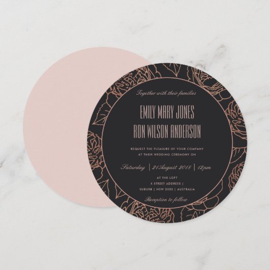 ELEGANT BLUSH PINK ROSE GOLD BLACK FLORAL WEDING KAART (Voorkant / Achterkant)