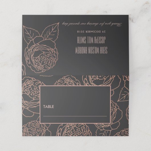 ELEGANT BLUSH PINK ROSE GOLD BLACK FLORAL WEDING PLAATSKAARTJE (Buitenkant ongevouwen)