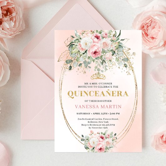 Elegant Blush Pink Rose Gold Quinceañera Invite Kaart
