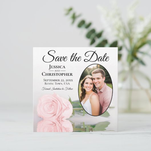 Elegant Blush Pink Rose met Oval Photo Weddenschap Save The Date (Staand voorkant)