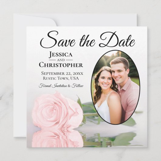 Elegant Blush Pink Rose met Oval Photo Weddenschap Save The Date (Voorkant)