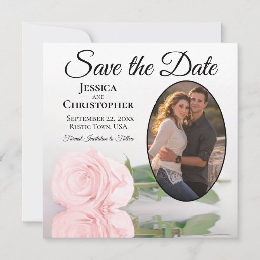 Elegant Blush Pink Rose met Oval Photo Weddenschap Save The Date (Voorkant)