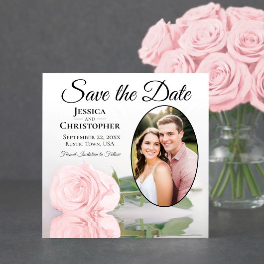 Elegant Blush Pink Rose met Oval Photo Weddenschap Save The Date