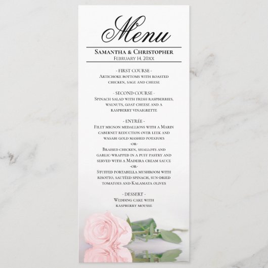 Elegant Blush Pink Rose met Reflectie Weddenschap Menu (Voorkant)