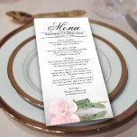 Elegant Blush Pink Rose met Reflectie Weddenschap Menu<br><div class="desc">Dit prachtige menu zal wat stijl aan uw trouwreceptie toevoegen. Het is voorzien van een prachtig en romantisch ontwerp met één enkel bleek, lichtroze roos dat op zijn kant reflecteert in een pool water met golven en rimpels. Er is ruimte voor de namen van het paar en de trouwdatum, en...</div>