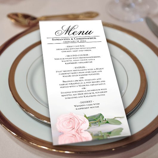Elegant Blush Pink Rose met Reflectie Weddenschap Menu