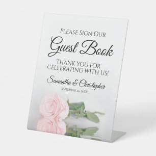 Elegant Blush Pink Rose Onderteken ons gastenboek Reclamebord Met Voetstuk