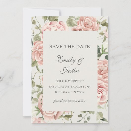 Elegant Blush Pink Rose Save the Date Wedding Invi Kaart (Voorkant)