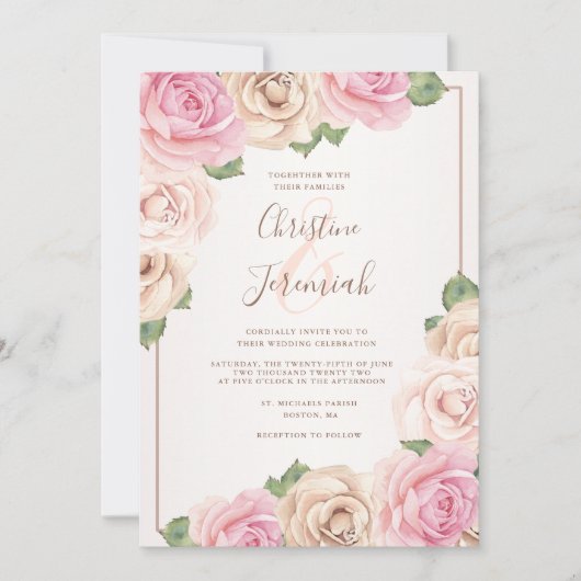 Elegant Blush Pink Rose Waterverf Floral Wedding Kaart (Voorkant)