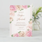 Elegant Blush Pink Rose Waterverf Floral Wedding Kaart (Staand voorkant)