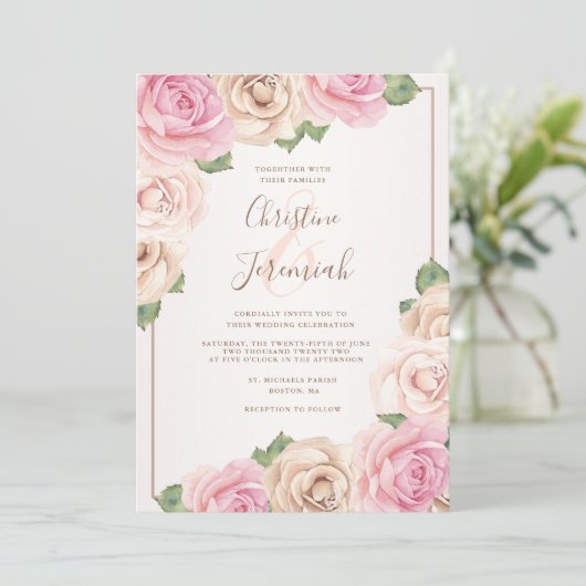 Elegant Blush Pink Rose Waterverf Floral Wedding Kaart (Staand voorkant)